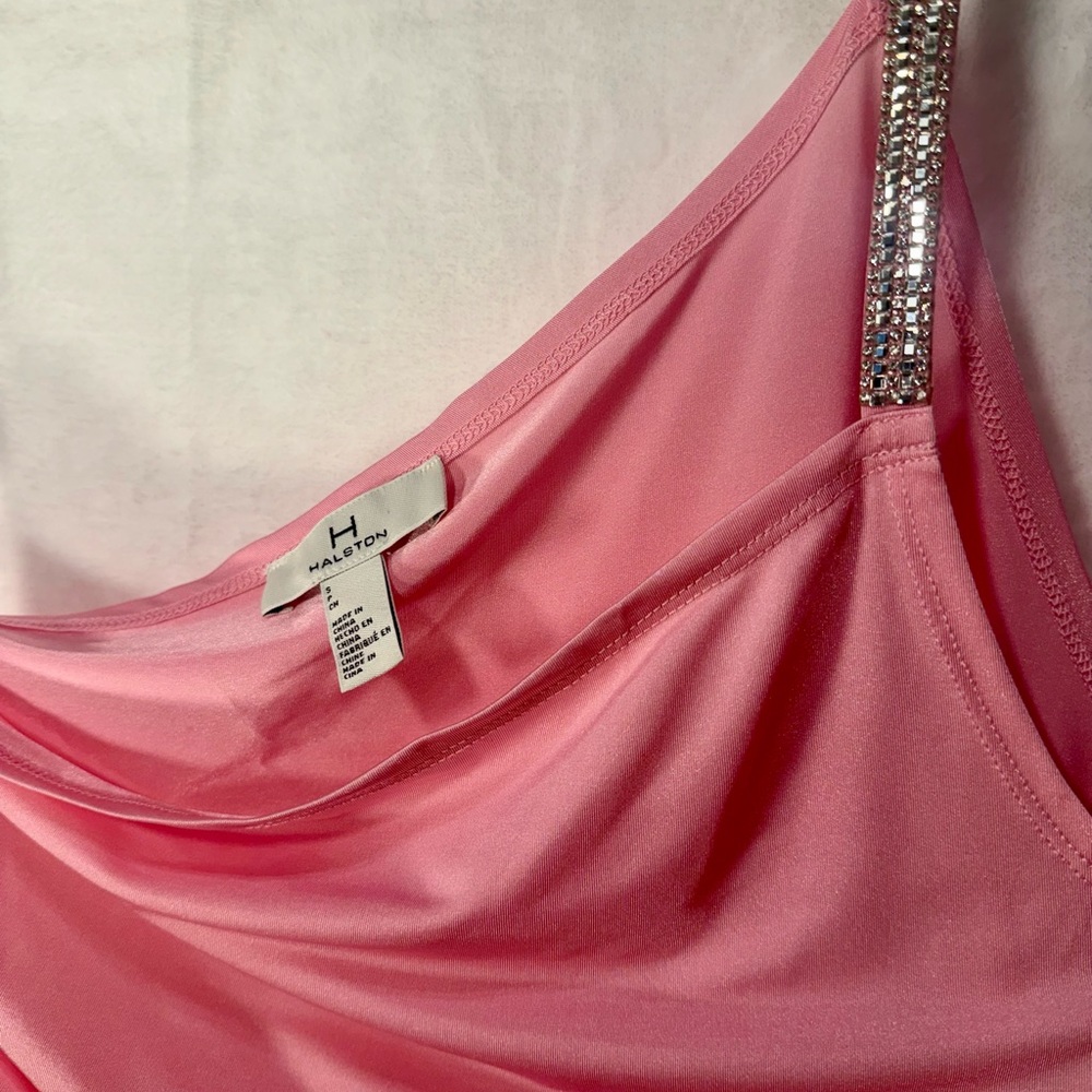 H by Halston Pink One Shoulder Cocktail Dress Rhinestone Strap EUC Size S